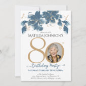 Invitation Floral Blue Gold Custom Photo 80th Birthday Party (Devant)