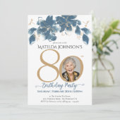 Invitation Floral Blue Gold Custom Photo 80th Birthday Party (Debout devant)