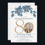 Invitation Floral Blue Gold Custom Photo 80th Birthday Party<br><div class="desc">Floral Blue Gold Custom Photo 80th Birthday Party Invitation. Présentant notre délicieuse Invitation d'anniversaire Floral Milestone, une parfaite fusion de simplicité moderne et de beauté délicate. Cette carte d'invitation personnalisée présente un mélange captivant de bleu et d'or, créant un cadre enchanteur qui ouvre la voie à une célébration d'anniversaire mémorable....</div>