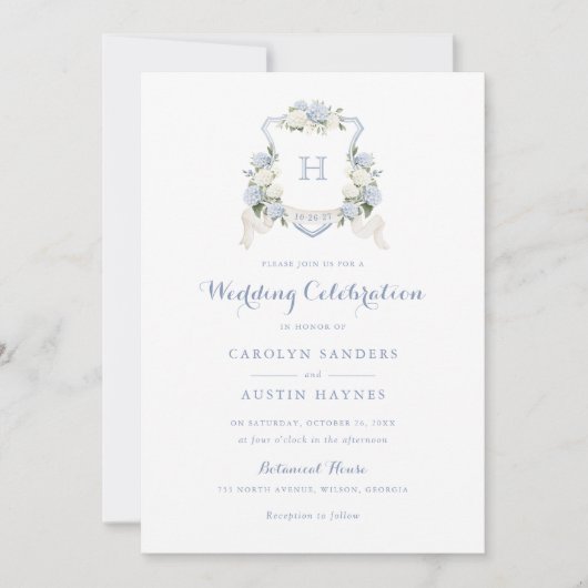 Invitation Floral Blue Hydrangea Crest Monogramme Mariage (Devant)