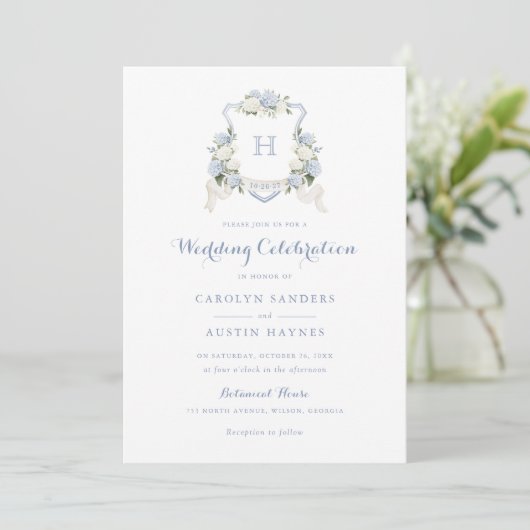 Invitation Floral Blue Hydrangea Crest Monogramme Mariage (Debout devant)