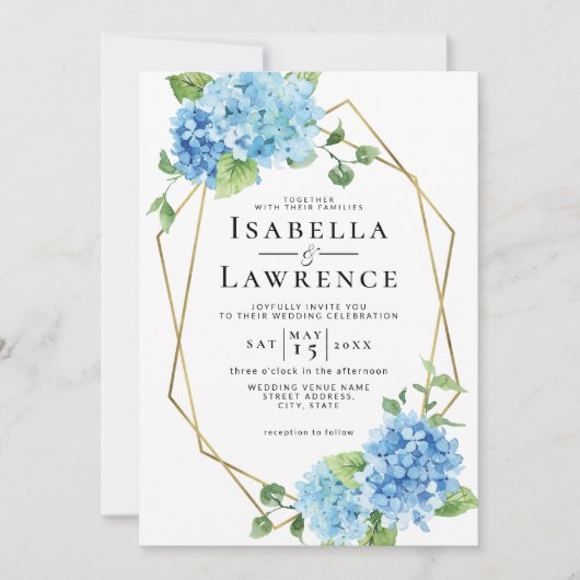 Invitation Floral Blue Hydrangea Gold Frame Mariage (Devant)