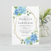 Invitation Floral Blue Hydrangea Gold Frame Mariage (Debout devant)