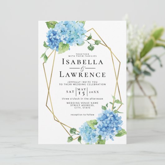 Invitation Floral Blue Hydrangea Gold Frame Mariage (Debout devant)