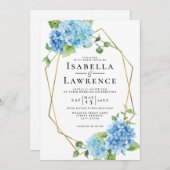 Invitation Floral Blue Hydrangea Gold Frame Mariage (Devant / Derrière)