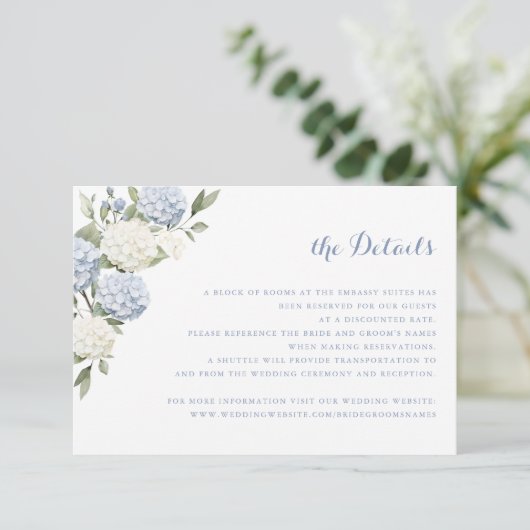 Invitation Floral Blue Hydrangea Greenery Détails du Mariage (Debout devant)