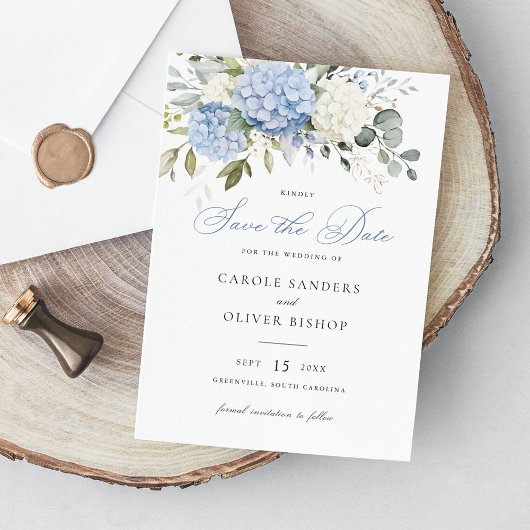 Invitation Floral Blue Hydrangea Mariage de verdure Date de s