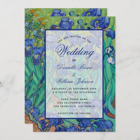 Invitation Floral Blue Irises Van Gogh Mariage Calligraphie (Devant / Derrière)