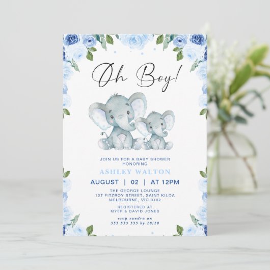 Invitation Floral Blue Oh Boy Elephant Baby shower (Debout devant)
