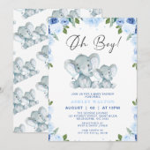 Invitation Floral Blue Oh Boy Elephant Baby shower (Devant / Derrière)