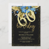 Invitation Floral Blue Parties scintillant Gold Calligraphie (Devant)