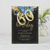 Invitation Floral Blue Parties scintillant Gold Calligraphie (Debout devant)