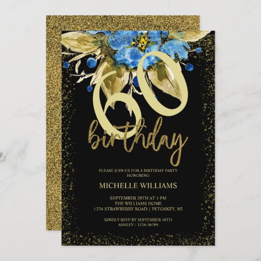 Invitation Floral Blue Parties scintillant Gold Calligraphie (Devant / Derrière)