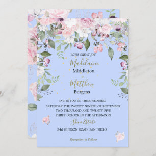 Invitation Floral Blue Periwinkle Mariage rose or