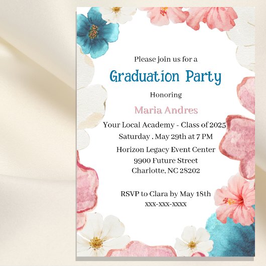 Invitation Floral Blue & Pink Graduation
