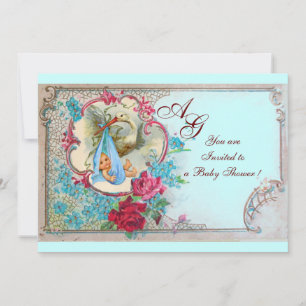 INVITATION FLORAL BLUE STORK GARÇON BABY SHOWERS ROSES, FLEUR