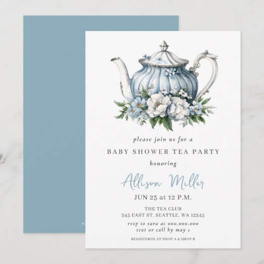 Invitation Floral Blue Tea Party Baby shower garçon (Devant / Derrière)