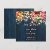 Invitation Floral Blue Wood String Lights Save The Date (Devant / Derrière)