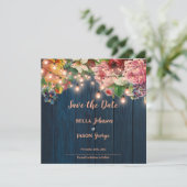 Invitation Floral Blue Wood String Lights Save The Date (Debout devant)