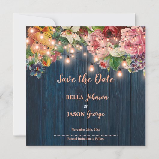 Invitation Floral Blue Wood String Lights Save The Date (Devant)