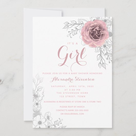 Invitation Floral Blush Baby shower fille rose (Devant)