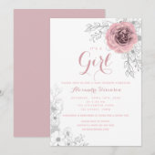 Invitation Floral Blush Baby shower fille rose (Devant / Derrière)