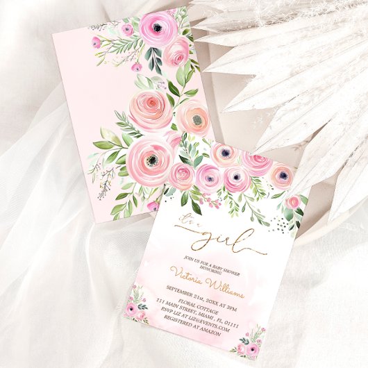 Invitation Floral Blush Baby shower fille rose