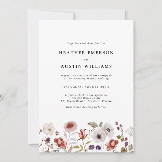 Invitation Floral Blush Bourgogne Mariage aquarelle (Devant)