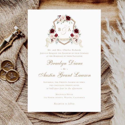 Invitation Floral Blush Bourgogne Monogram Crest Mariage
