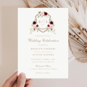 Invitation Floral Blush Bourgogne Monogram Crest Mariage