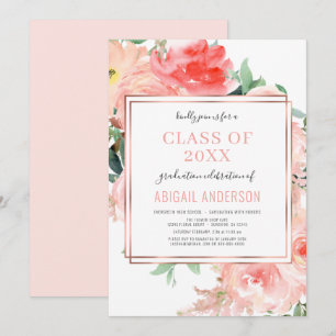 Invitation Floral Blush Coral Classe moderne de 2023 Graduati