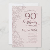 Invitation Floral Blush Dusty Pink Photo 90e fête d'anniversa (Devant)