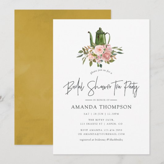 Invitation Floral Blush et Gold Fête des mariées Tea Party (Devant / Derrière)