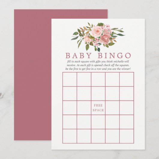 Invitation Floral Blush et Rose Gold Baby shower Bingo bébé (Devant / Derrière)