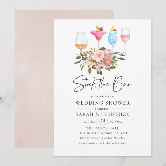 Invitation Floral Blush et Rose Gold Stock du Bar (Devant / Derrière)