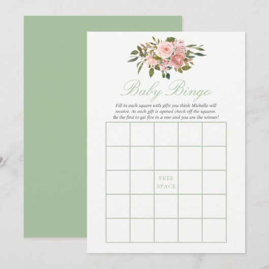 Invitation Floral Blush et Sage Baby shower bébé Bingo (Devant / Derrière)