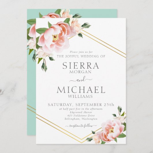 Invitation Floral Blush Gold Mint vert Mariage (Devant / Derrière)