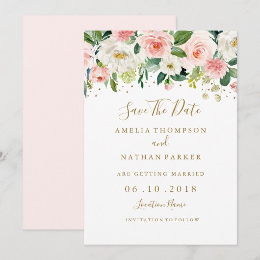 Invitation Floral Blush Gold Wedding Enregistrer La Date (Devant / Derrière)