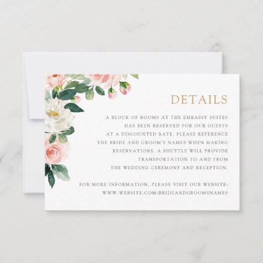 Invitation Floral Blush Greenery Détails romantiques Info Car (Devant)