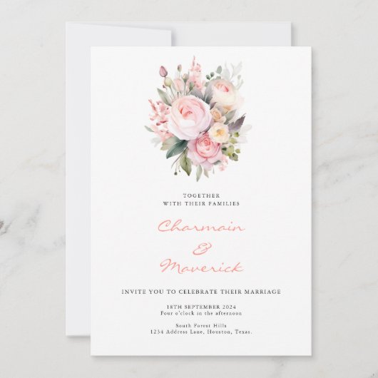 Invitation Floral Blush Mariage budget rose (Devant)