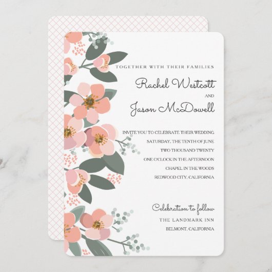 Invitation Floral Blush Mariage Suite rose | Vert (Devant / Derrière)