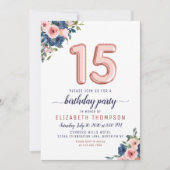 Invitation Floral Blush Marine Rose Gold Balloons 15e anniver (Devant)