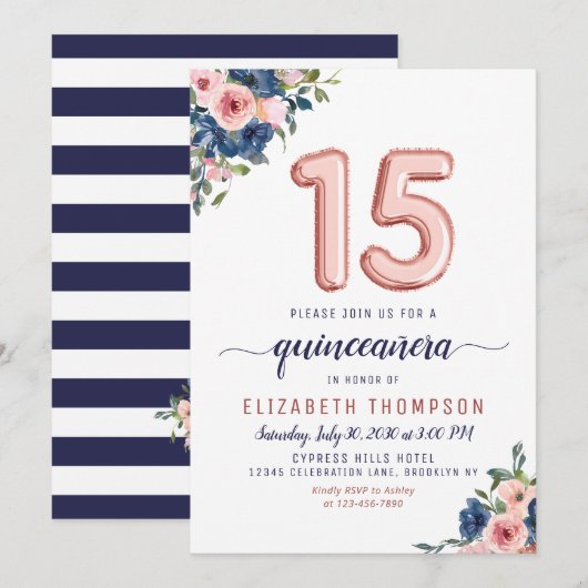 Invitation Floral Blush Marine Rose Gold Balloons Quinceañera (Devant / Derrière)