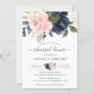 Invitation Floral Blush Navy Dîner de répétition élégant