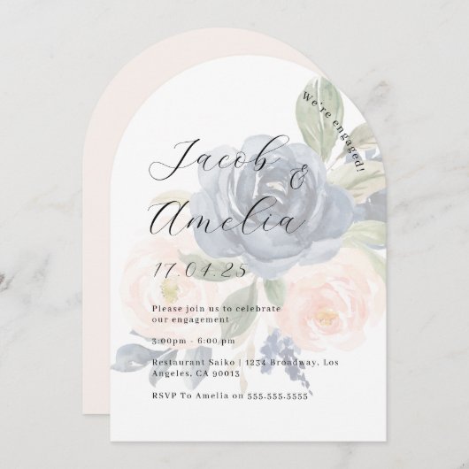 Invitation Floral Blush Navy Modern Arch (Devant / Derrière)