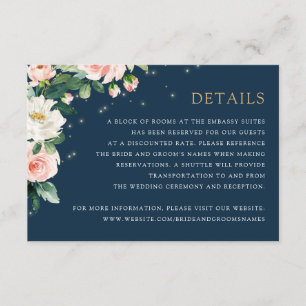Invitation Floral Blush Navy String Lights Détails Info Card