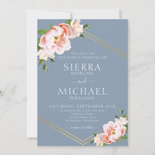 Invitation Floral Blush or géométrique Dusty Mariage bleu (Devant)