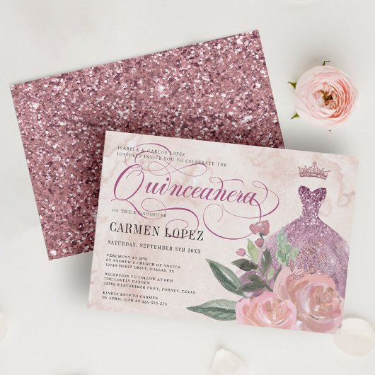 Invitation Floral Blush Parties scintillant rose Princesse Qu