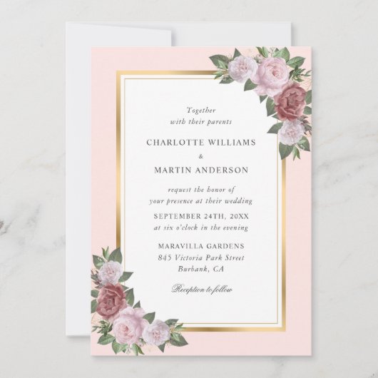 Invitation Floral Blush Peach Gold Frame Rustique Mariage (Devant)