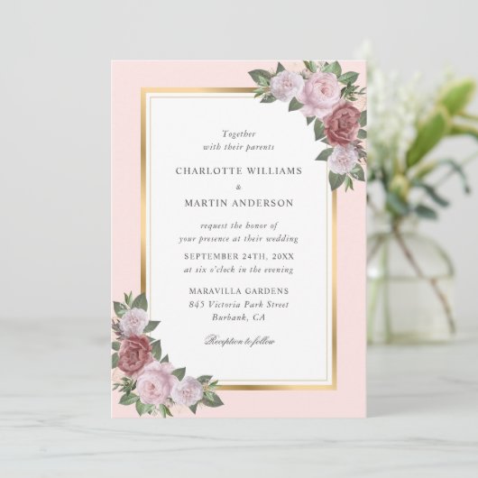 Invitation Floral Blush Peach Gold Frame Rustique Mariage (Debout devant)
